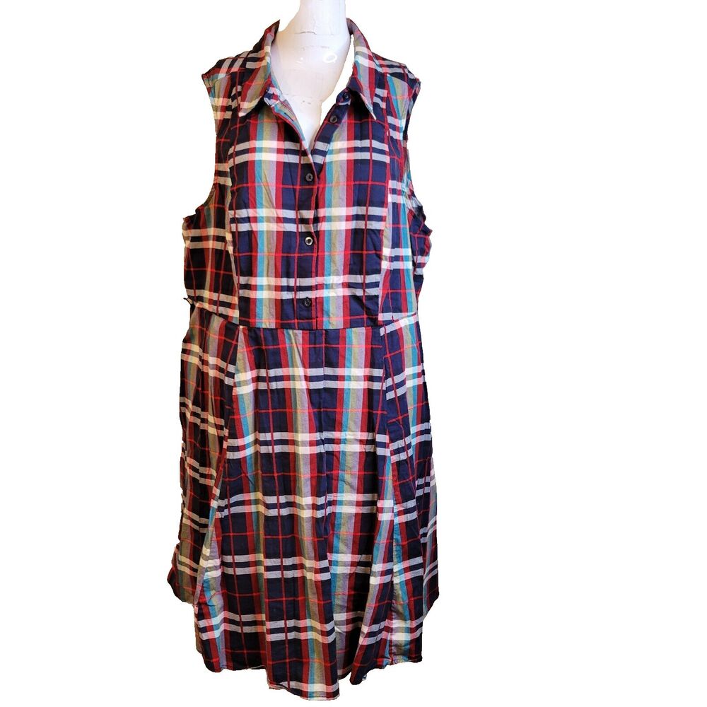 Torrid size 3 Dress Women 3X plaid button collar No Belt v-neck pockets pleated